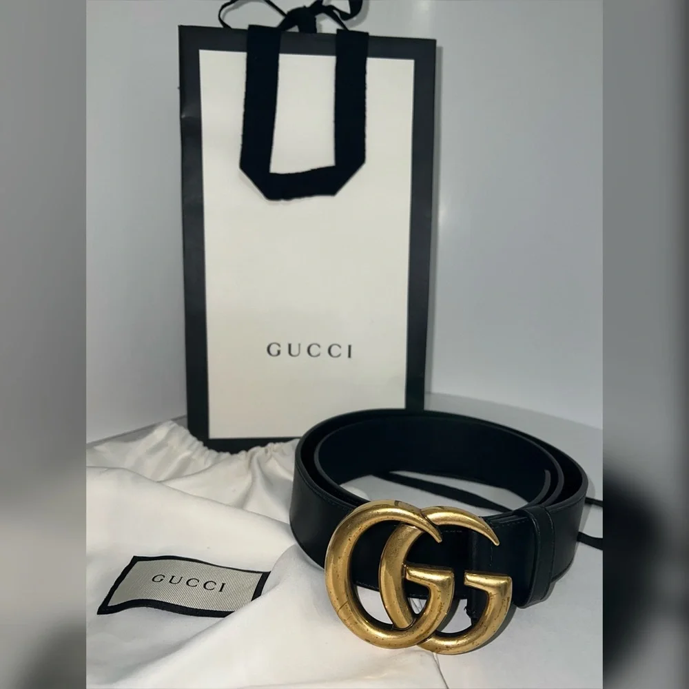 Gucci Black Leather Belt with Gold Double G Buckle